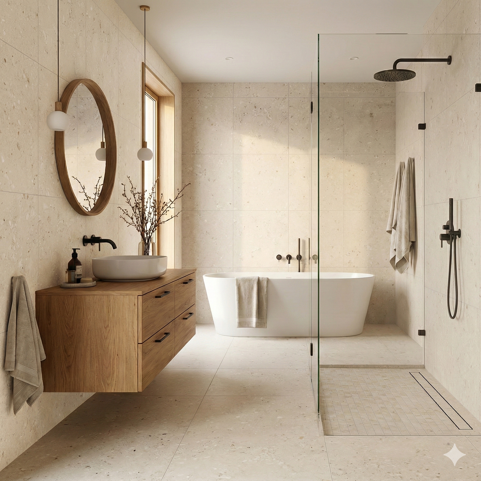 Modern bathroom Featuring Cosmo Light 36x36 tile on the floor and walls